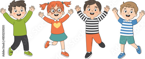 Four happy cartoon children with arms raised in excitement on a white background kids excited