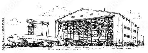 Hand drawn sketch of airplane hangar with commercial jet aircraft