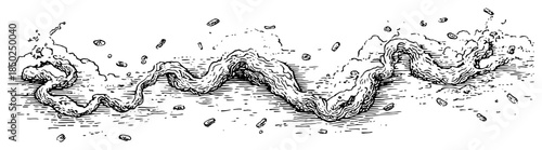 Hand drawn sketch of twisting smoke stream with floating debris