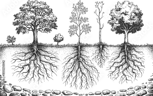 Various trees with exposed root systems in a black and white illustration roots