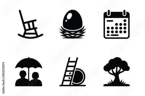 Icons representing retirement and life stages: rocking chair, nest egg, calendar, couple under umbrella, ladder, tree.