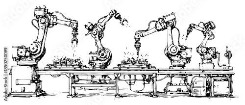 Hand drawn industrial robotic arms on assembly line in factory