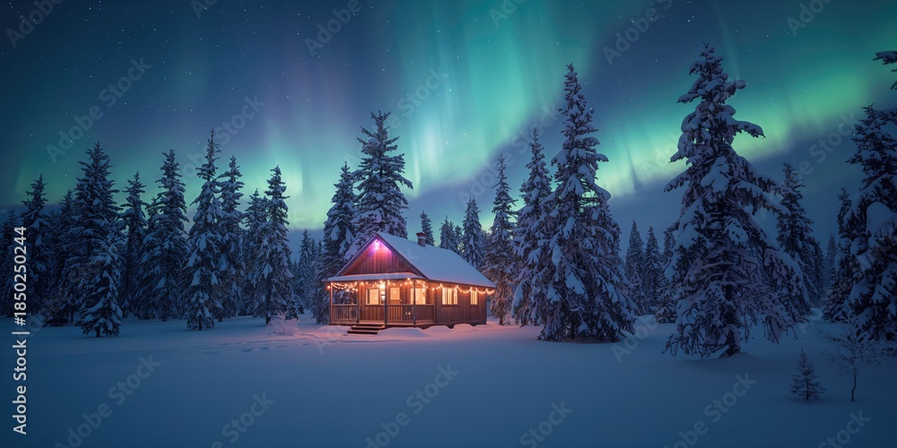 Naklejka premium Snowy forest with a rustic wooden cabin lit by interior lights, nighttime winter landscape for seasonal holiday observance