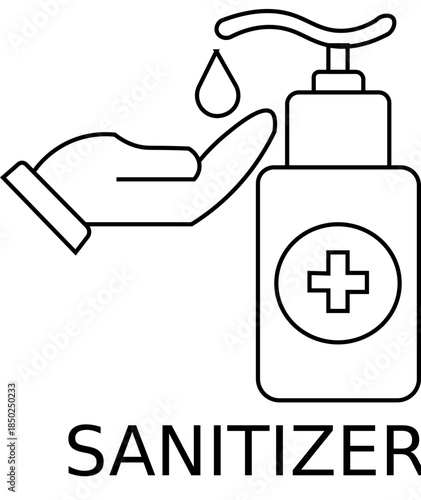 Hand Sanitizer Dispenser Silhouette Icon Hand sanitizer bottle icon above hand silhouette in black and white design Hand sanitizer icon for graphic designs. Icon vector design Hand sanitizer icon 