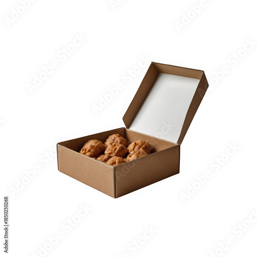 Delicious fried chicken pieces packed in a brown cardboard box on transparent background