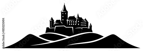 Medieval castle silhouette on hills vector illustration