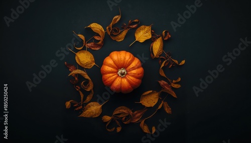 Pumpkin and fallen leaves o...