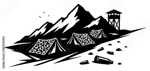 Black and white illustration of mountain camping site with tents and tower