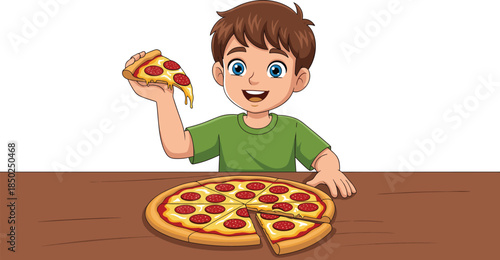 Happy cartoon boy holding a slice of pepperoni pizza at a wooden table child eating