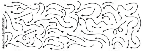 Set of simple thin line hand-drown curve doodle arrows in various style. Isolated on white background.