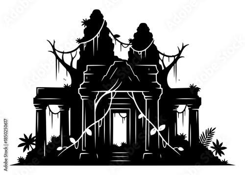 Ancient stone temple ruins overgrown with jungle vines and vegetation