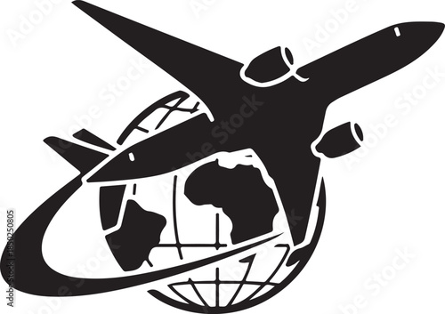 Vector airplane icon on world map for global travel and aviation business
