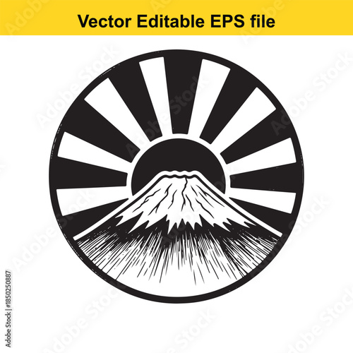  vector editable  file of a stylized black and white japanese rising sun symbol with mountain