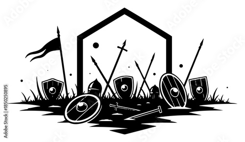 Medieval battlefield silhouette with shields and spears
