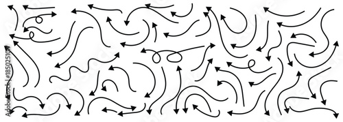 Hand-drown curve doodle arrow collection in different style for project work, direction, symbol and design elements. Isolated on white background.