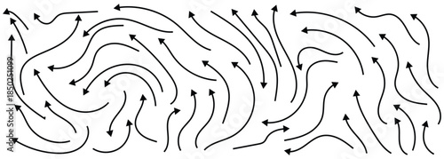 Hand-drown curve doodle arrow collection in different style for project work, direction, symbol and design elements. Isolated on white background.