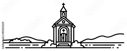 Minimalist line art vector illustration of a small chapel with a cross on a hill