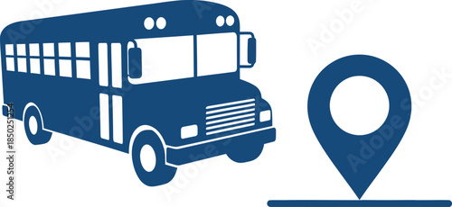 Blue school bus and location pin icon on white background transportation vehicle
