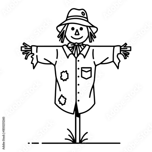 Cute scarecrow character on a stick line art illustration