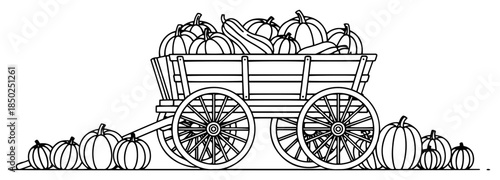 Wooden farm wagon filled with pumpkins line art vector