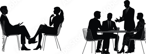 Silhouettes of business people in meeting and discussion settings on white background Keywords: business, people, silhouettes
