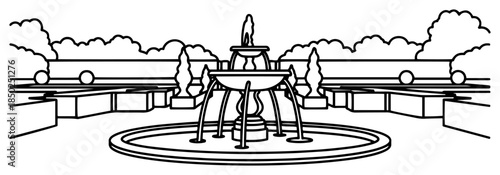 Hand drawn sketch of public park garden with water fountain