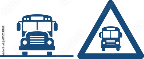Blue school bus icon on road and school bus warning sign transportation vehicle