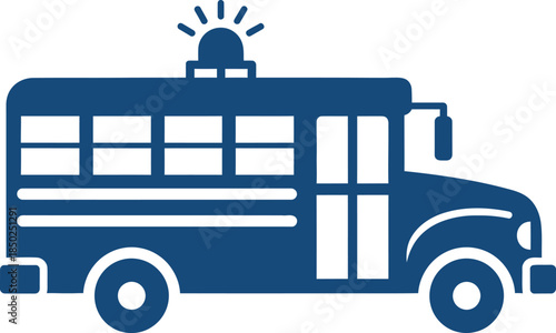 Blue Silhouette Icon of a School Bus with Flashing Light transportation