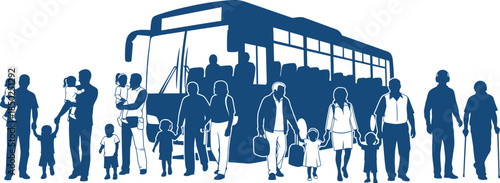 Blue Silhouette of Diverse People and Families Boarding a Bus transportation family