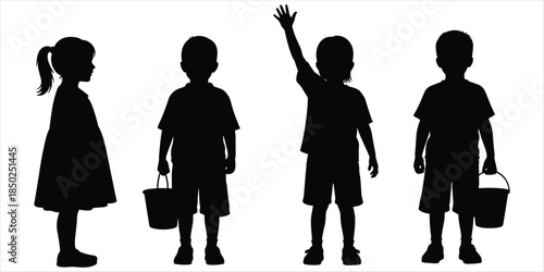 Silhouette of four children with buckets and one raising hand on white background kids boys