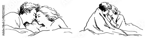 Romantic couple sleeping and cuddling in bed hand drawn sketch
