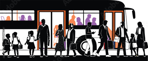 Diverse group of people boarding a bus with colorful interior silhouettes transportation public transport