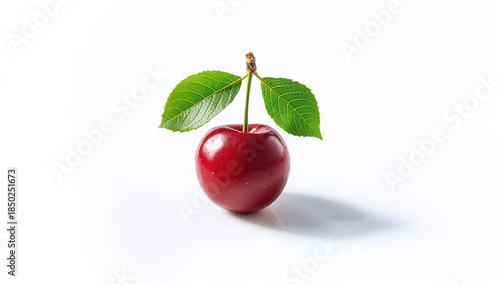 Red cherry with green leaf,...