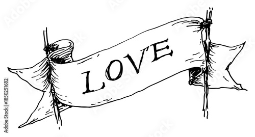 Hand drawn sketch of vintage ribbon banner with love text