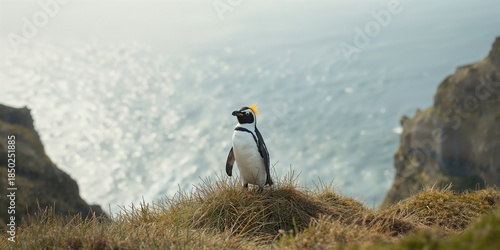 Rockhopper Penguin standing on tussock grass on coastal cliffs, illustrating seabird nesting sites for ecological studies