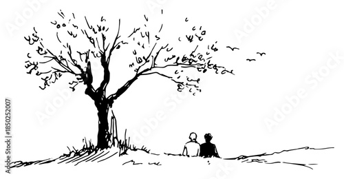Romantic sketch of a couple sitting on a hill near a tree