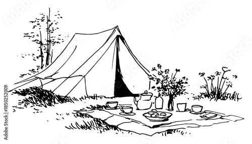 Hand drawn camping tent and picnic blanket in nature sketch