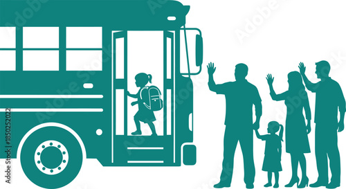 Family waving goodbye to child boarding a school bus vector illustration