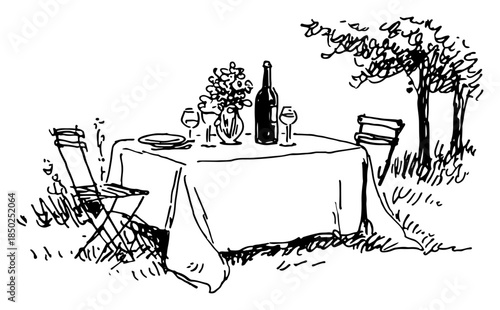 Romantic outdoor dinner table setting with wine and flowers sketch