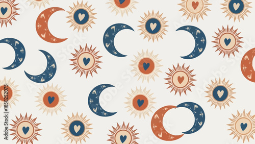 Vibrant celestial pattern with moons and hearts