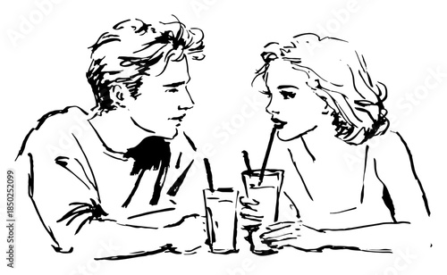 Hand drawn sketch of romantic couple on a date drinking beverages