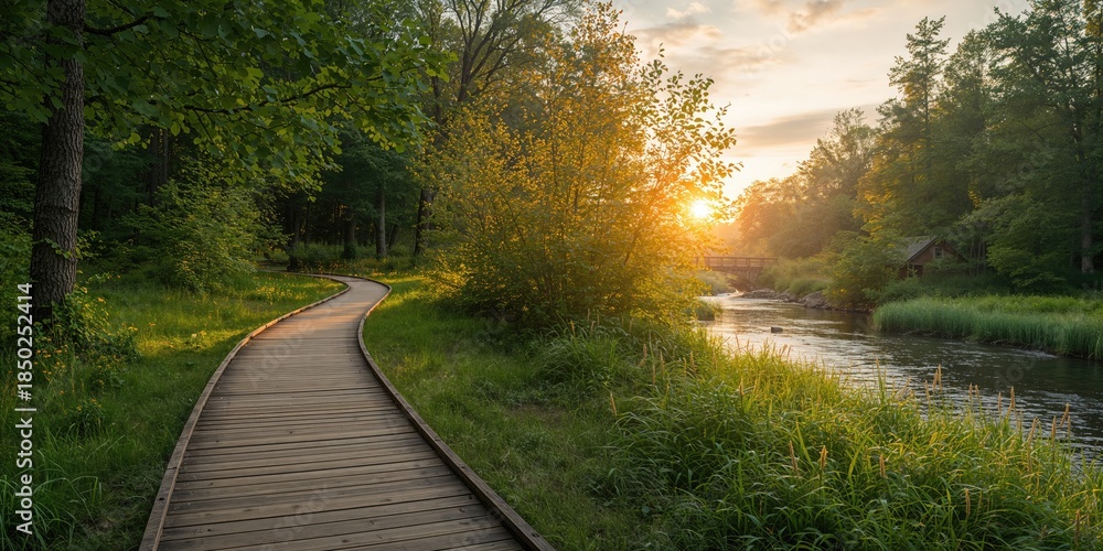 Obraz premium Pathway through lush greenery leading to a picnic area, ideal for outdoor dining and leisure activities