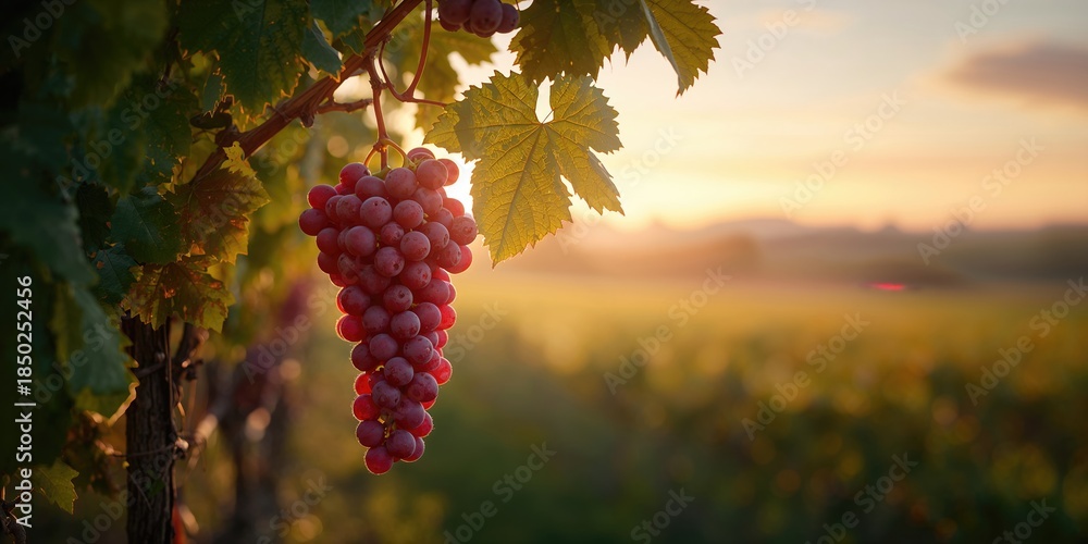 Fototapeta premium Vineyard with ripe red grapes ready for picking, highlighting seasonal agriculture and harvest activity