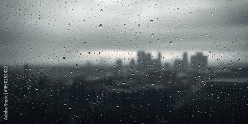 Close-up of rain droplets on window glass during heavy rainfall on a gloomy autumn morning, water texture and weather conditions