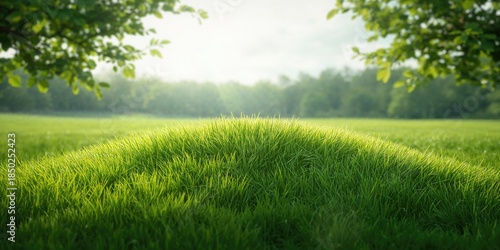 Fototapeta Naklejka Na Ścianę i Meble -  Lush grass sprouting on a small hill used as an abstract background for nature-themed layouts, summer