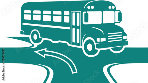 School bus at a crossroads with directional arrow Keywords: school bus, crossroads, intersection, road, traffic, transportation