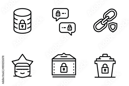 Cybersecurity and data protection icon set featuring database lock, secure chat, chain link, privacy settings, safe box, and trash can.