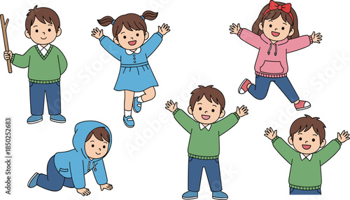 Six Cartoon Children In Various Poses And Outfits On White Background Keywords: children, kids, playing, happy, fun, diverse