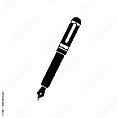 Halftone fountain pen icon in black dots, minimalist retro style illustration isolated on white background. Concept of writing, journalism, publishing, creativity, education.