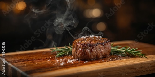 Cooked beef served on a woo...
